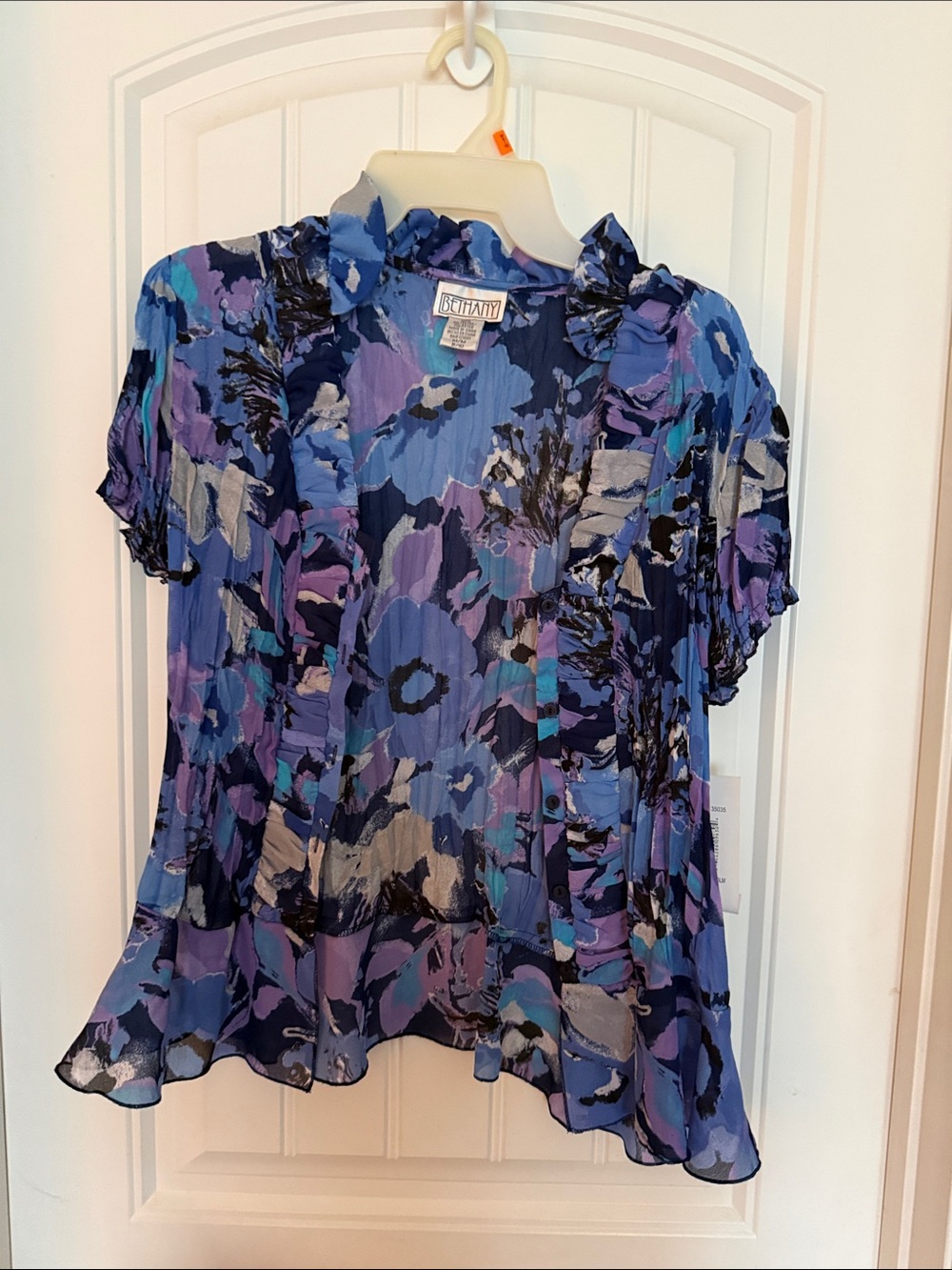 Brita Blue & Purple Floral Ruffle Short-Sleeve Blouse